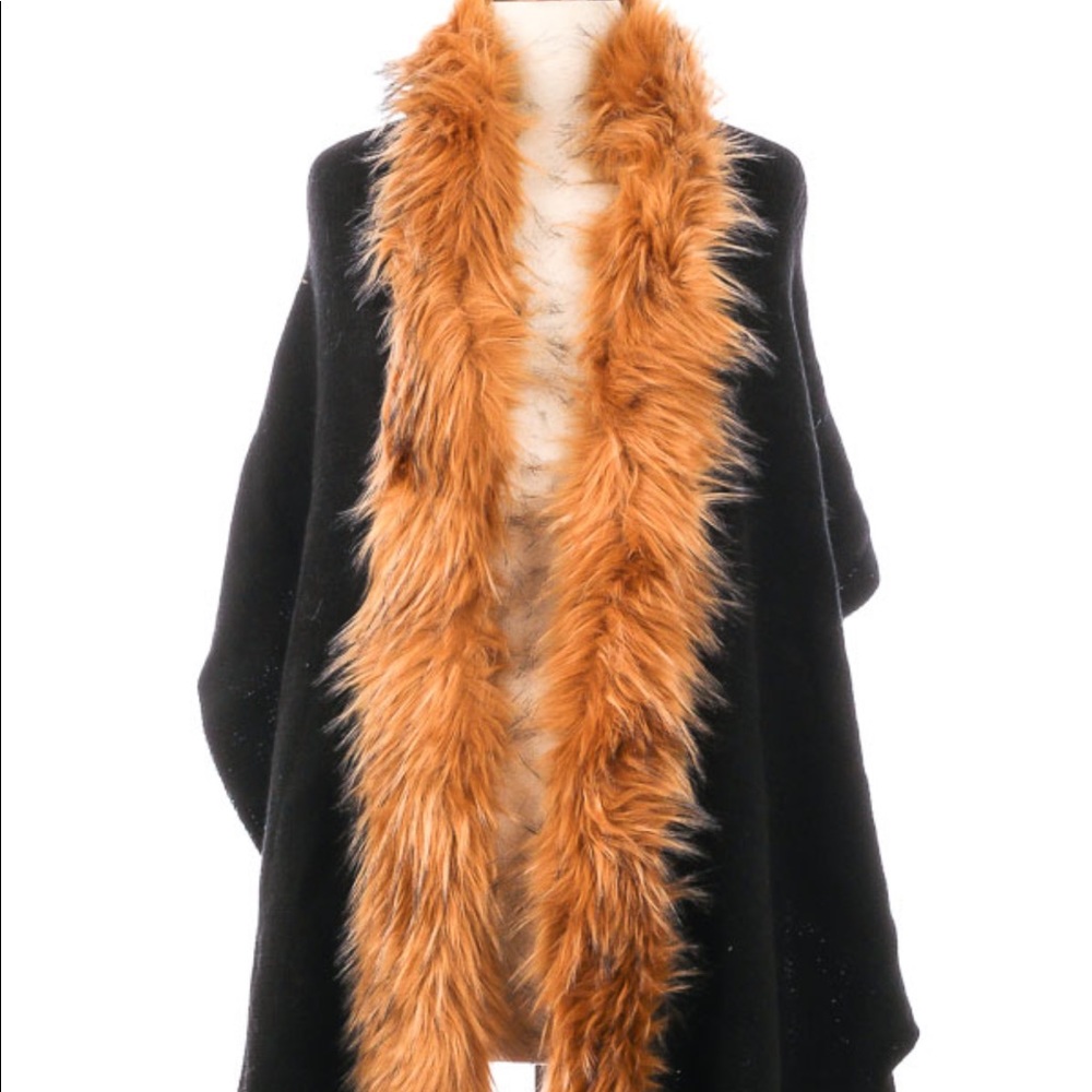 Black wrap shawl with faux fur trim